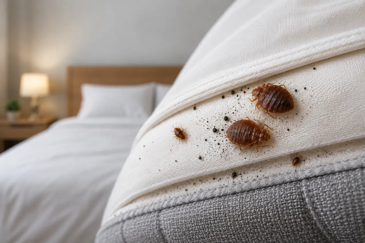 Chinches de cama visibles en la costura de un colchón, señal de infestación