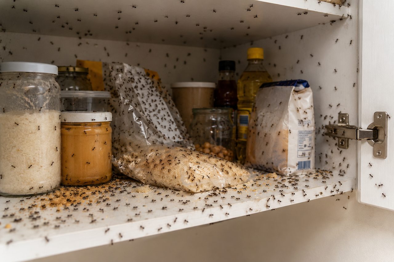 Decenas de hormigas invadiendo una alacena con alimentos en la cocina, una plaga doméstica común en La Plata