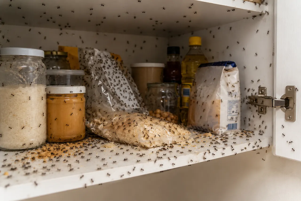 Decenas de hormigas invadiendo una alacena con alimentos en la cocina, una plaga doméstica común en La Plata