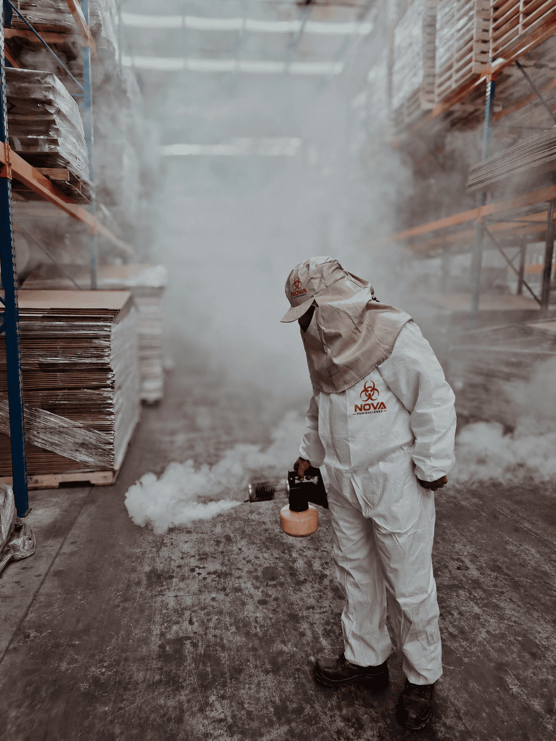 Fumigador profesional aplicando tratamiento de control de plagas